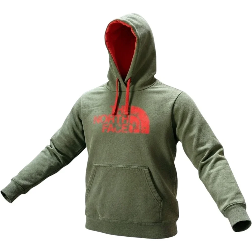The North Face Hoodie Mens Olive Green Red Logo Pullover Hooded Sweatshirt Large